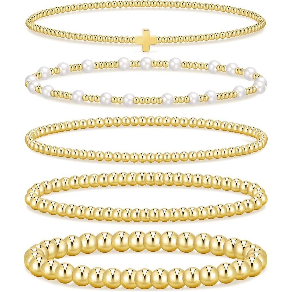 Gold Beaded Stackable Bracelets Set, Trendy 14k G… - image 1